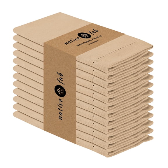 Native Fab 12 Pack Cotton Hemstitch Table Dinner Cloth Napkins 18x18 - Beige