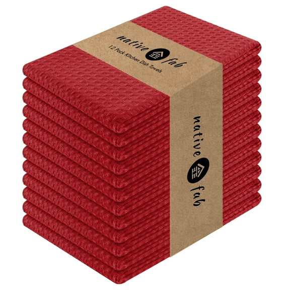 Native Fab 12 Pack Cotton Waffle Dish Towels - Kitchen Hand Cloths Set with Hanging Loop - Red