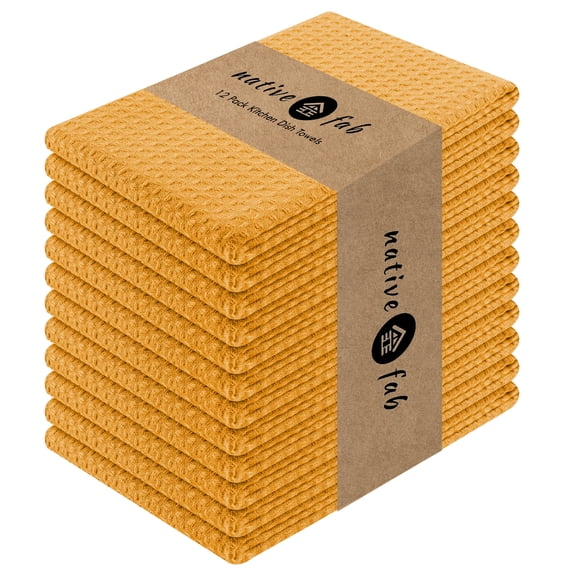 Native Fab 12 Pack Cotton Waffle Dish Towels - Kitchen Hand Cloths with Hanging Loop - Mustard