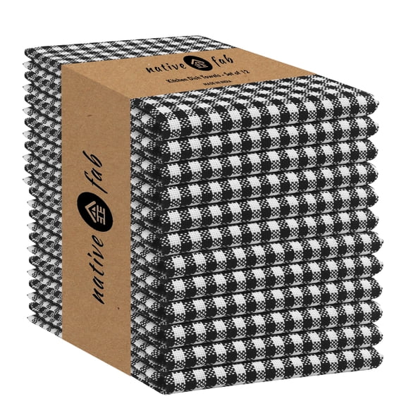 Native Fab 12 Pack Gingham Check Plaid Kitchen Towel - Soft Cotton - Washcloths - 16x26 - Black