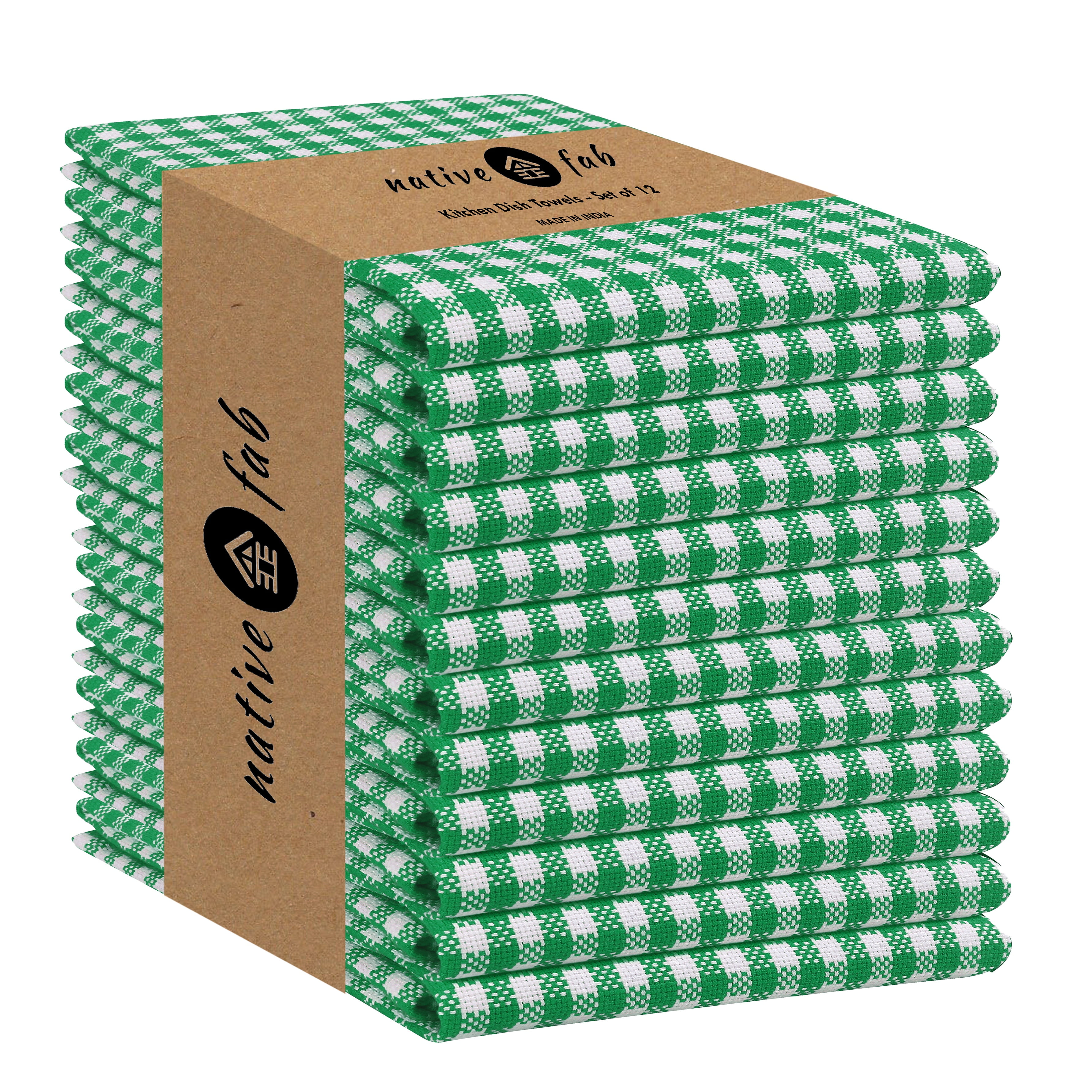 Native Fab 12 Pack Gingham Check Plaid Kitchen Towel - Soft Cotton - Washcloths - 16x26 - Green