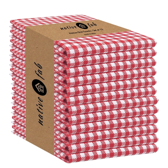 Native Fab 12 Pack Gingham Check Plaid Kitchen Towel - Soft Cotton - Washcloths - 16x26 - Red