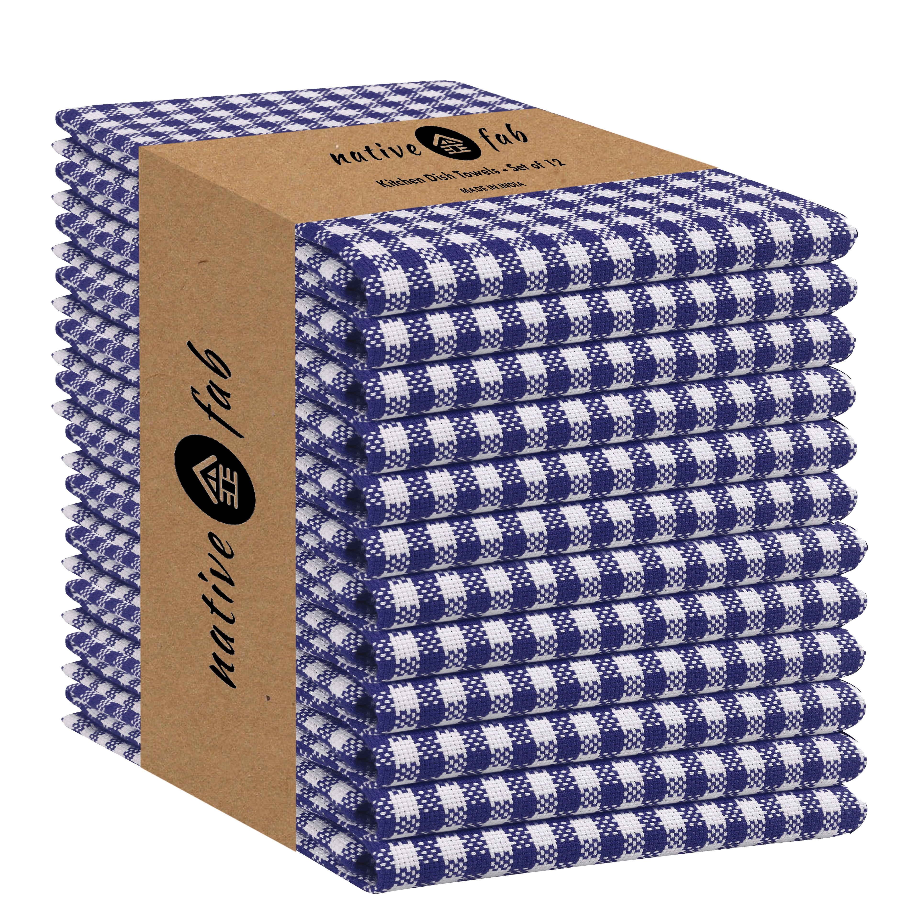 Native Fab 12 Pack Gingham Checked Plaid Kitchen Towel - Soft Cotton - Washcloths - 16x26 - Blue