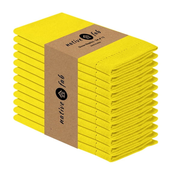 Native Fab 12 Pack Resuable Hemstitch Dinner Cloth Napkins 18x18 - Lemon Yellow
