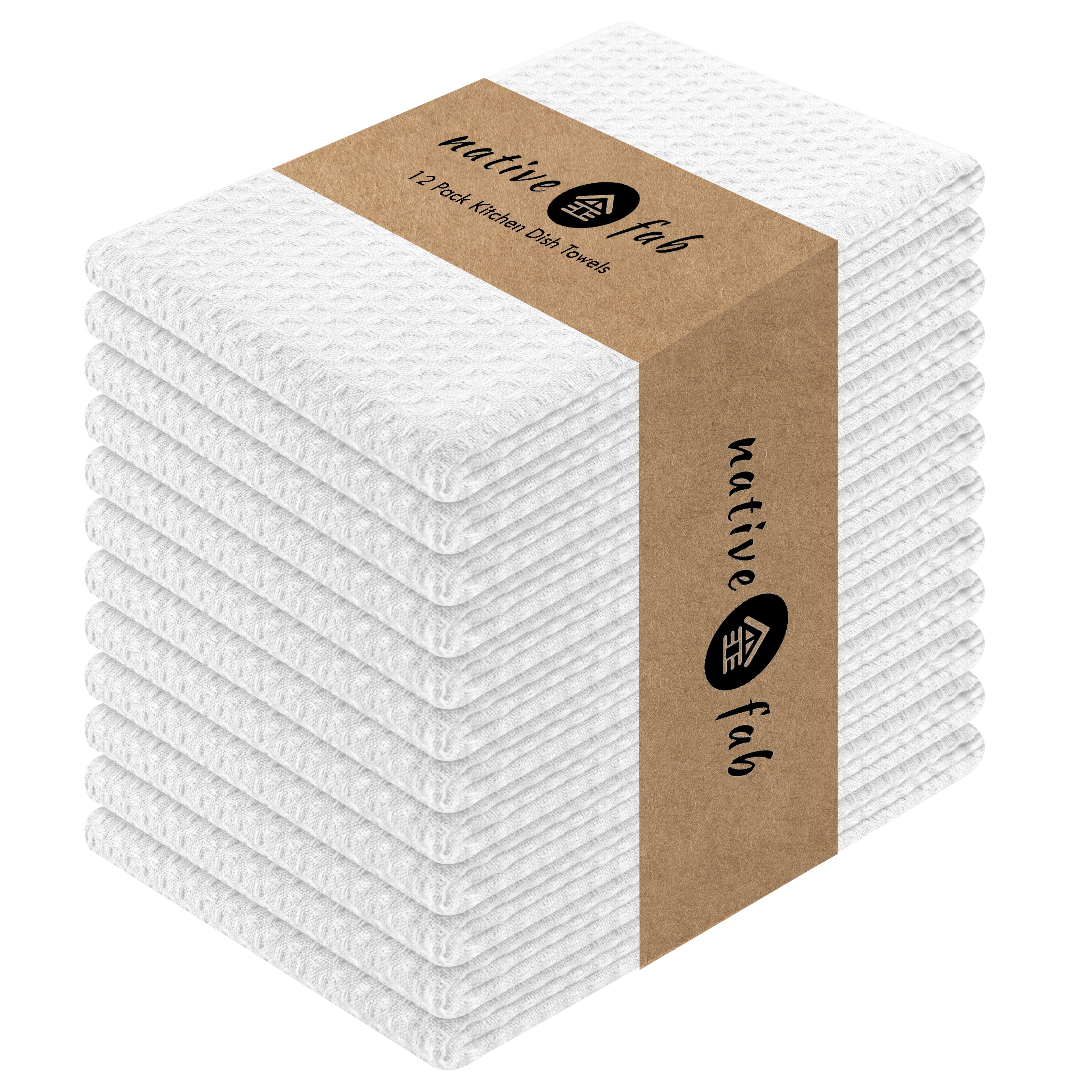 Native Fab 12 Pack Waffle Kitchen Dish Towels - 100% Cotton Soft Absorbent Wash Cloths - White
