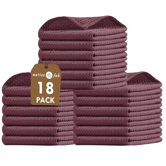Native Fab 18 Pack Dish Cloths - 100% Cotton, Absorbent, Quick Drying, Soft & Washable Towels for Cleaning, Cooking & Baking - Perfect for Home, Restaurants, Bars, Versatile Uses, 12"x12", Burgundy