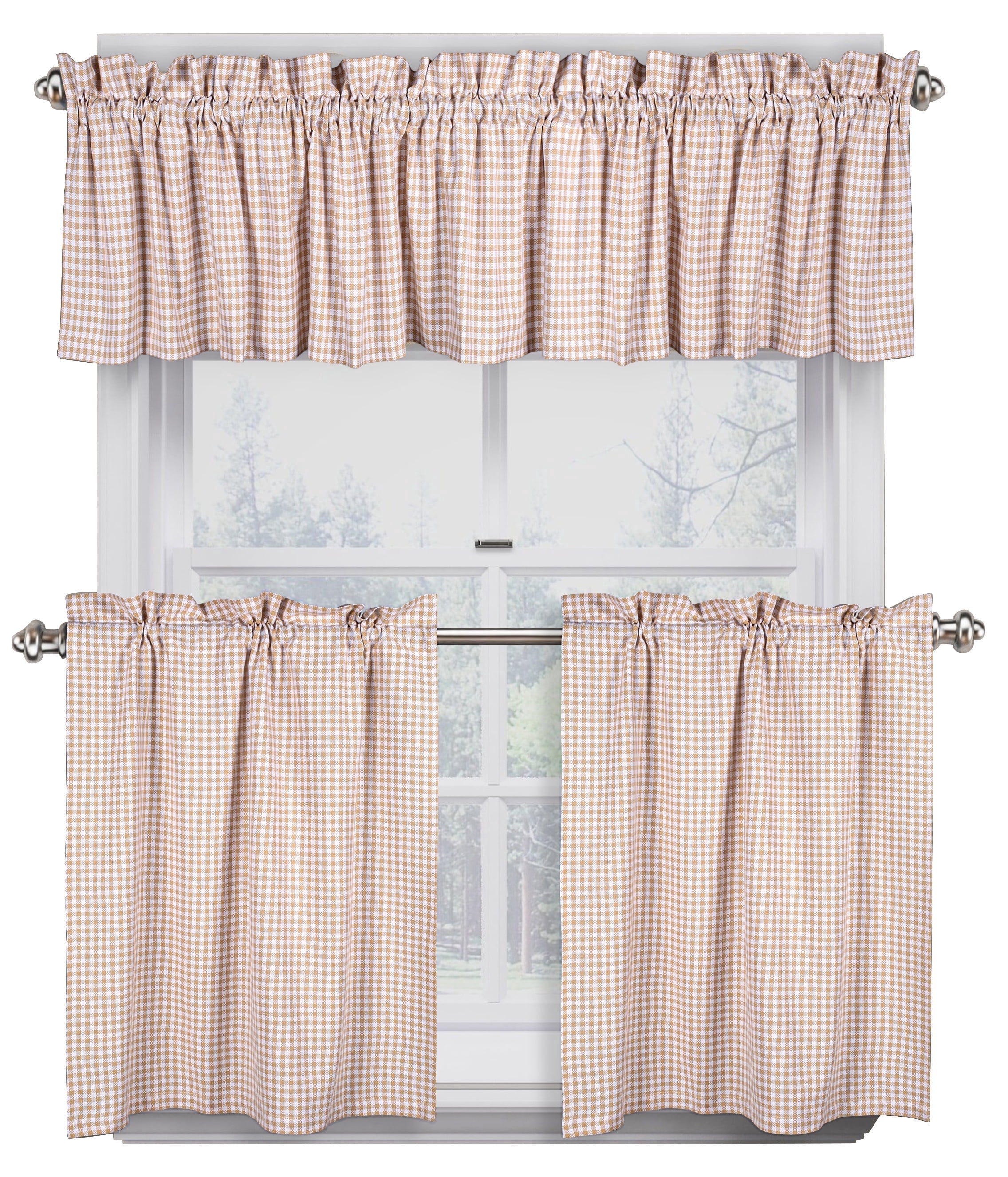 Native Fab 3 Pieces Window Curtain Tiers and Valance Set - Farmhouse Vintage Kitchen Tiers and Valance Set Rod Pocket - Beige White