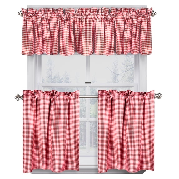 Native Fab 3 Pieces Window Curtain Tiers and Valance Set - Farmhouse Vintage Kitchen Tiers and Valance Set Rod Pocket - Red White