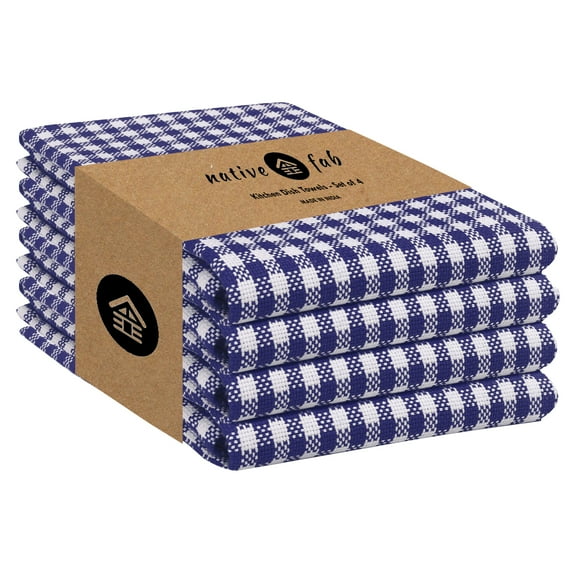 Native Fab 4 Pack Gingham Check Plaid Kitchen Towel - Soft Cotton - Washcloths - 16x26 - Blue