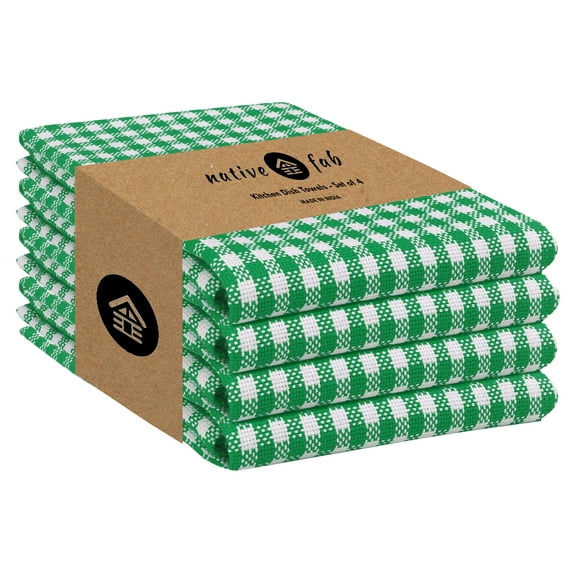 Native Fab 4 Pack Gingham Check Plaid Kitchen Towel - Soft Cotton - Washcloths - 16x26 - Green
