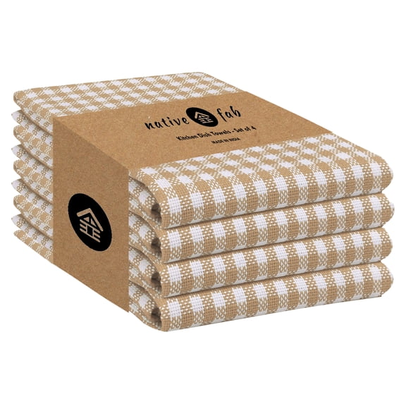 Native Fab 4 Pack Gingham Mini Check Kitchen Towel - Absorbent - Cotton Dish Cloths - 16x26 - Beige