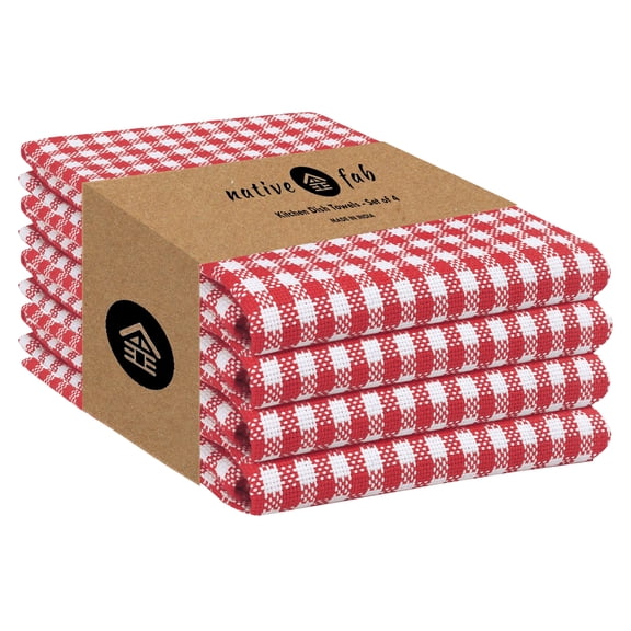 Native Fab 4 Pack Gingham Mini Check Kitchen Towel - Absorbent - Cotton Dish Cloths - 16x26 - Red