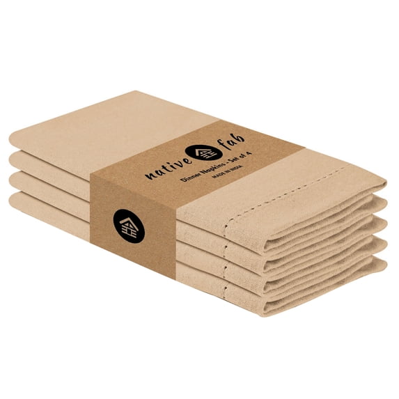 Native Fab 4 Pack Hemstitch Cloth Napkins 100% Cotton Reusable Party Table - 18"x18" - Beige