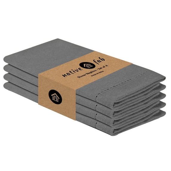 Native Fab 4 Pack Hemstitch Cloth Napkins Cotton Reusable Wedding Party Table - 18x18 - Grey