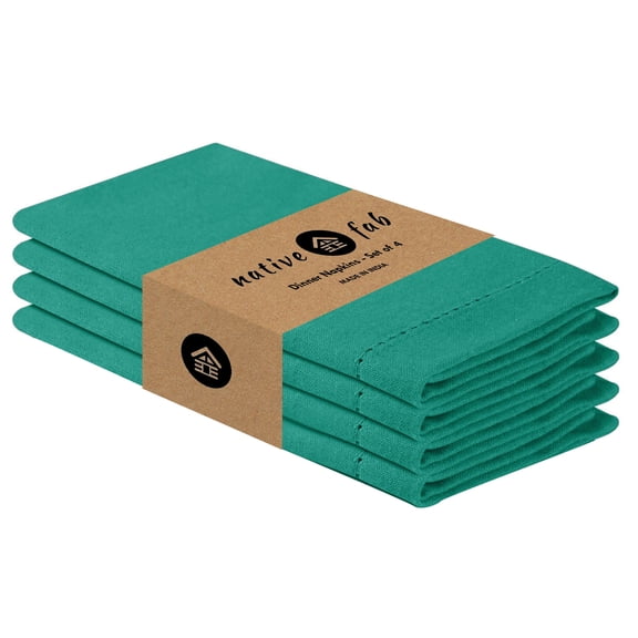Native Fab 4 Pack Hemstitch Dinner Cloth Napkins 100% Cotton Reusable - 18"x18" - Royal Green