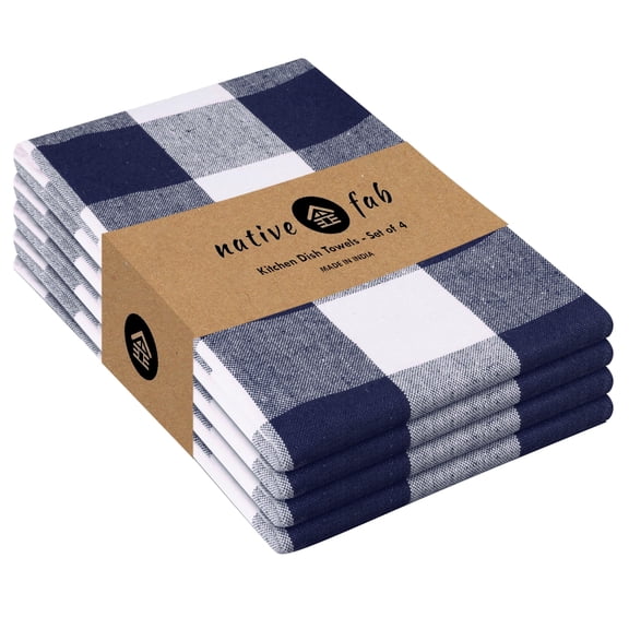 Native Fab 4-Pack Kitchen Towel with Hanging Loop 16x26 inches, Cotton Buffalo Check Kitchen Towels for Cleaning Drying, Washcloths Soft & Absorbent Cloth Rags, Bar Towel, Dish Cloth, Navy