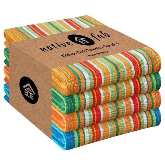 Native Fab 4 Pack Mexican Salsa Stripe Kitchen Towels, 18x28 Inches, Colorful Dishcloth Set, 100% Cotton, Everyday Use, Kitchen Hand Towel for Cleaning, Absorbent, Washable Drying Towels, Assorted