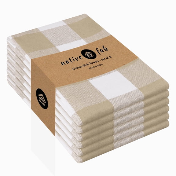 Native Fab 6 Pack Buffalo Check Kitchen Towels16"x26" - Cotton Dish Towels Washable - Absorbent Tea Towels, Soft Hand Towel with Hanging Loop, Dish Cloth Set - Beige White