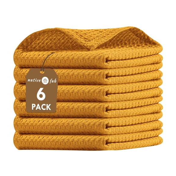 Native Fab 6 Pack Waffle Dish Cloths - 100% Cotton, Soft, Absorbent & Quick Drying Towels for Cleaning, Cooking & Baking - Great for Home, Restaurants, Cafes, Bars - Mustard Yellow