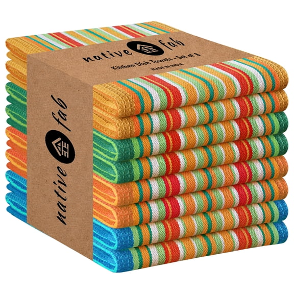 Native Fab 8 Pack Mexican Salsa Stripe Kitchen Towels, 18x28 Inches, Colorful Dishcloth Set, 100% Cotton, Everyday Use, Kitchen Hand Towel for Cleaning, Absorbent, Washable Drying Towels, Assorted