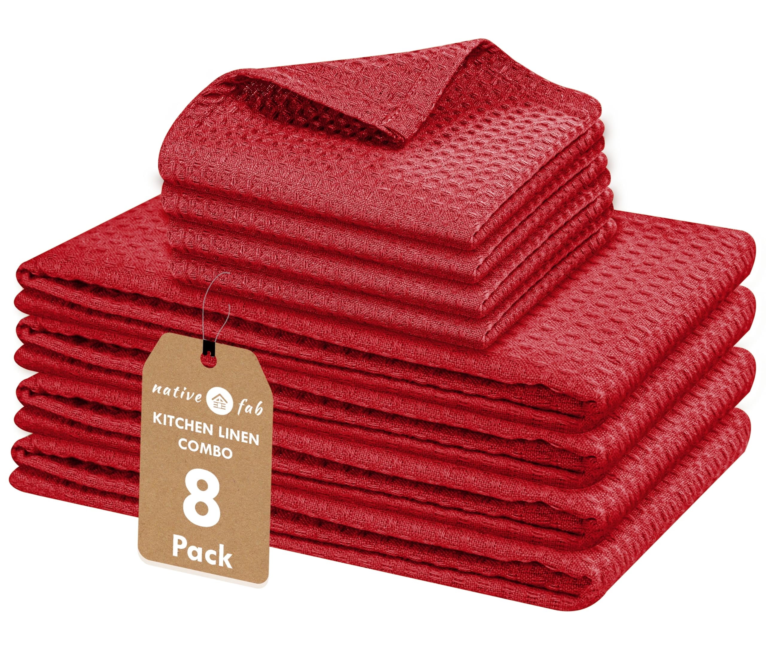 Native Fab 8 Piece Kitchen Towel & Dish Cloth Set - 100% Cotton, Soft, Absorbent, Quick Drying & Durable Cloths for Cleaning, Cooking - Machine Washable, Perfect for Home, Bars & Everyday Use - Red