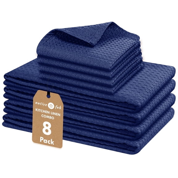 Native Fab 8-Piece Kitchen Towel Set, Includes 4 Dish Towels (16"x26") & 4 Dish Cloths (12"x12"), 100% Cotton, Absorbent & Durable, Ideal for Home & Kitchen Use - Indigo Blue