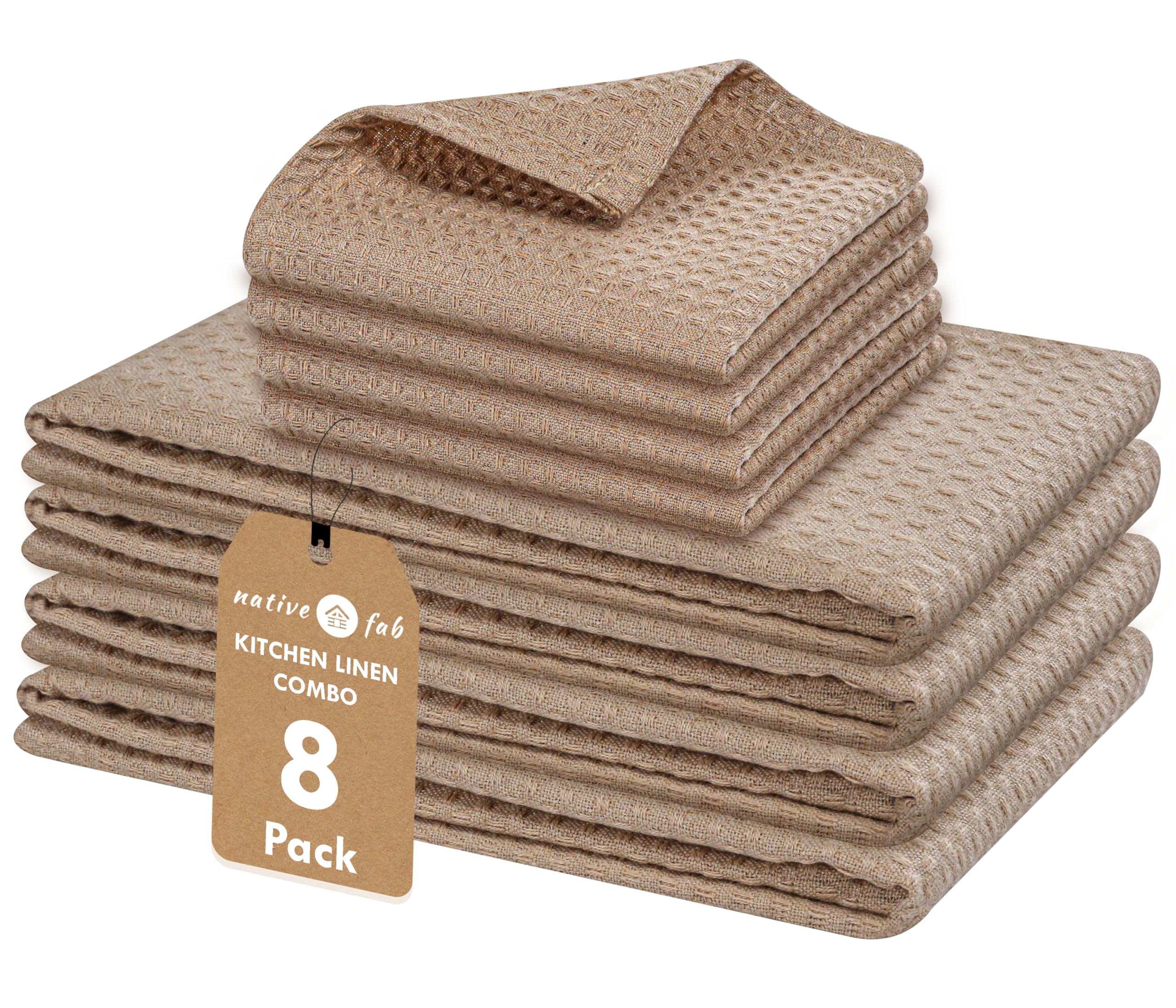 Native Fab 8 Piece Kitchen Towels & Dish Cloth Set - Absorbent, Durable, Quick Drying Towel for Cleaning, Cooking, Baking - Ideal for Home, Cafes & Daily Use, Machine Washable & Reusable - Beige