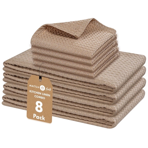 Native Fab 8 Piece Kitchen Towels & Dish Cloth Set - Absorbent, Durable, Quick Drying Towel for Cleaning, Cooking, Baking - Ideal for Home, Cafes & Daily Use, Machine Washable & Reusable - Beige