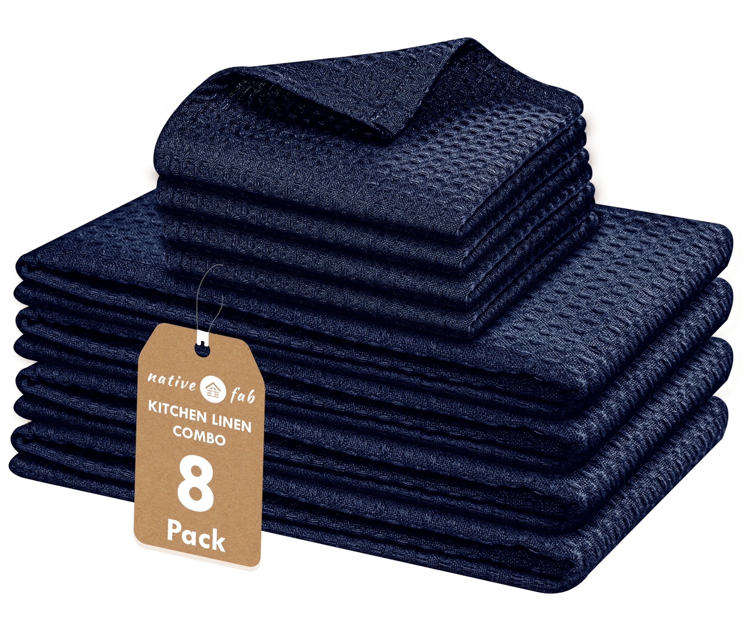 Native Fab 8 Piece Towel & Dish Cloth Set - 100% Cotton, Absorbent, Quick Drying, Durable Towels for Cleaning, Cooking, Baking - Great for Home, Kitchen, Bars & Everyday Use - Navy Blue
