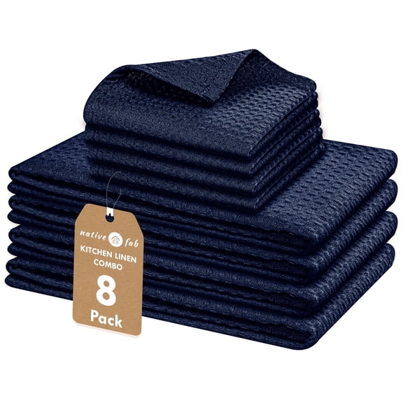 Native Fab 8 Piece Towel & Dish Cloth Set - 100% Cotton, Absorbent, Quick Drying, Durable Towels for Cleaning, Cooking, Baking - Great for Home, Kitchen, Bars & Everyday Use - Navy Blue