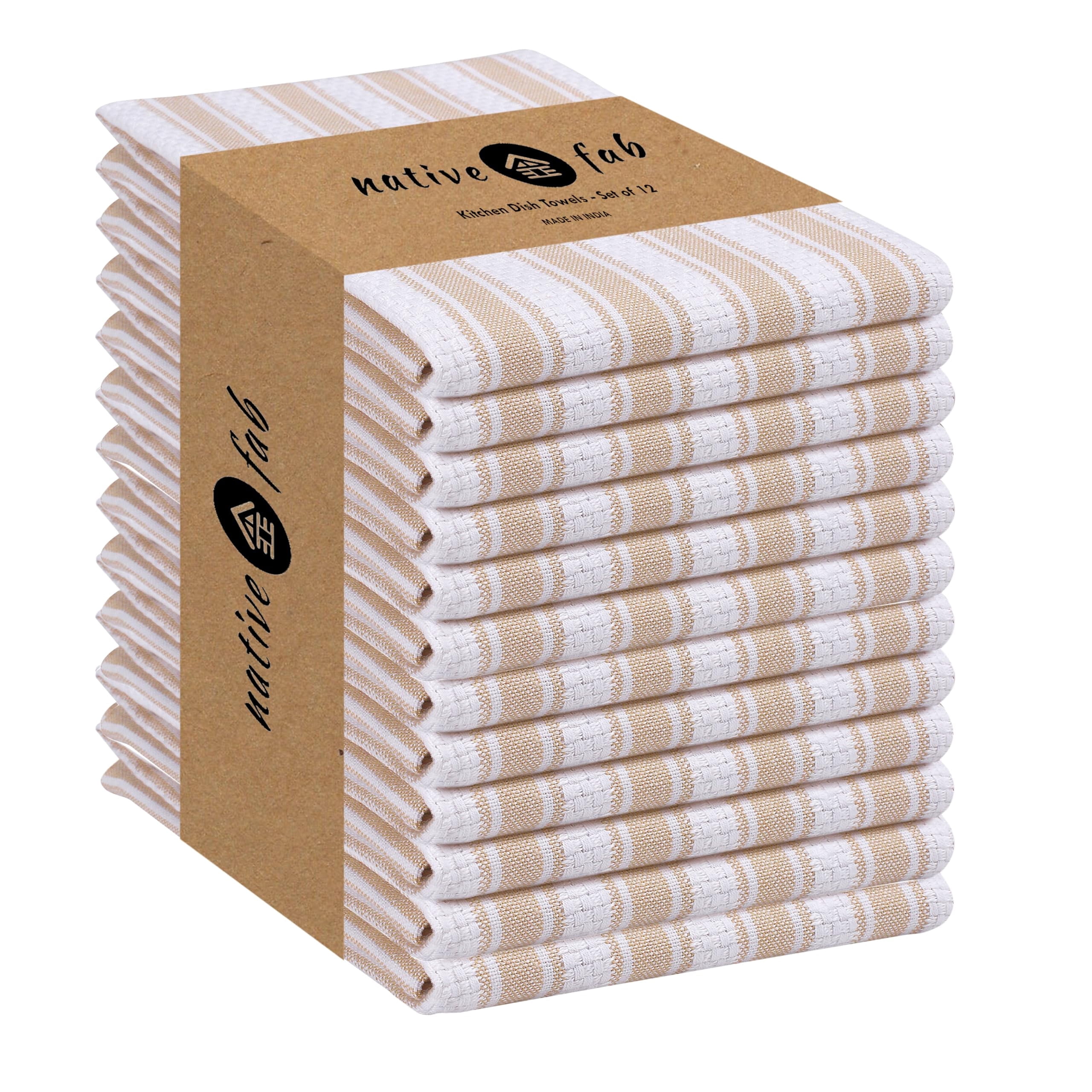 Native Fab Stripe Kitchen Towels Set of 12, 100% Cotton, 16"x26", Everyday Dish Rags for Cleaning, Beige White