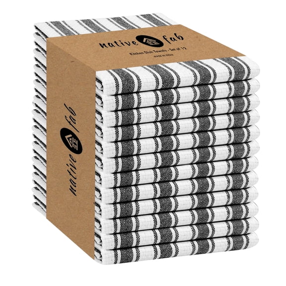 Native Fab Basket Weave Stripe Kitchen Towels, Set of 12, Cotton, 15x25 Black White