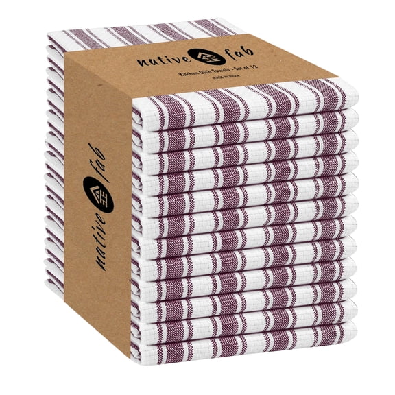 Native Fab Basket Weave Stripe Kitchen Towels, Set of 12, Cotton, 15x25 Burgundy White