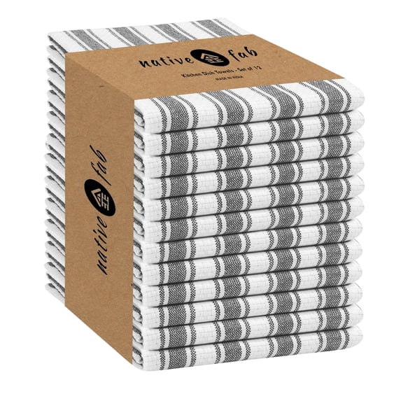 Native Fab Basket Weave Stripe Kitchen Towels, Set of 12, Cotton, 15x25 Gray White