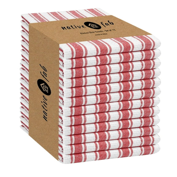 Native Fab Striped Kitchen Towels Set of 12, 100% Cotton, 16x26 inches, Super Absorbent Dish Cloths, Red White
