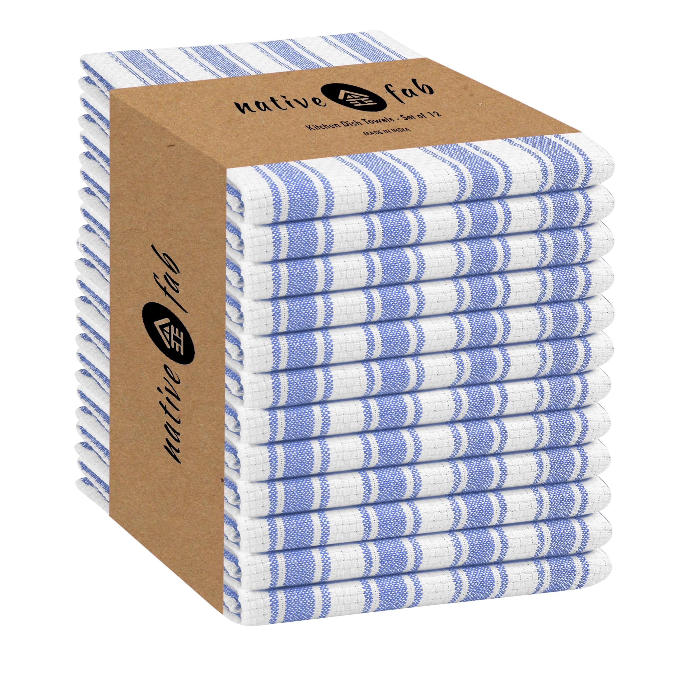 Native Fab Striped Kitchen Towels Set of 12, 100% Cotton, 16"x26", Quick Dry Dish Cloths, Sky Blue White