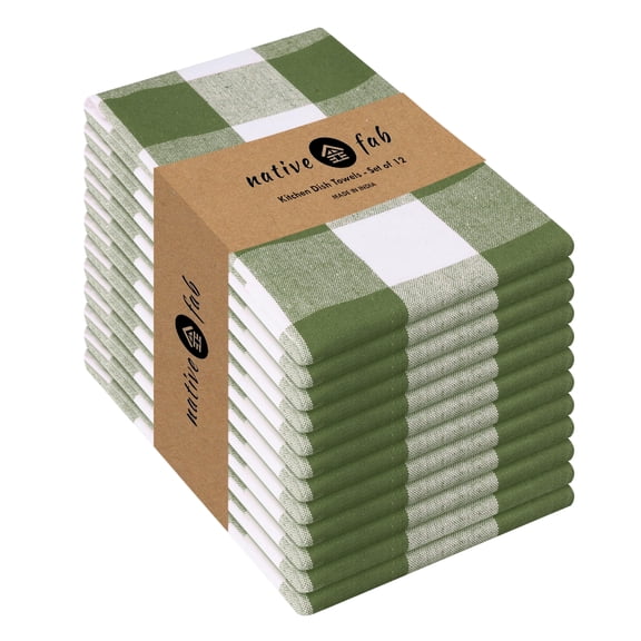 Native Fab Buffalo Check Kitchen Dish Towels, 16"x26", 12 Pack - 100% Cotton Plaid Washcloths - Absorbent Dish Cloths Set, Cleaning Hand Towels with Hanging Loop - Mini Green White