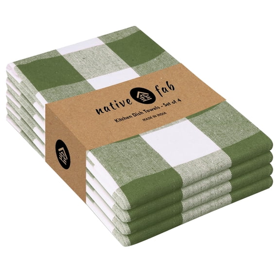 Native Fab Buffalo Check Kitchen Dish Towels, 16"x26", 4 Pack - 100% Cotton Plaid Washcloths - Absorbent Dish Cloths Set, Cleaning Hand Towels with Hanging Loop - Mint Green White