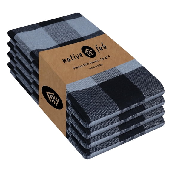 Native Fab Buffalo Check Kitchen Dish Towels, 4 Pack, Cotton, Durable, Washable 16"x26" - Tea Towel, Soft Absorbent Cleaning Towels, Hand Towels with Hanging Loop - Black, Grey