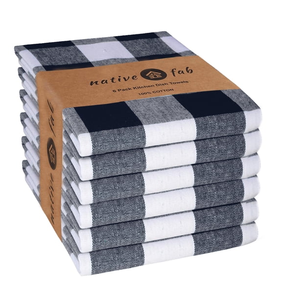 Native Fab Buffalo Checks Kitchen Towels, Set of 6, Cotton, 16x26 Navy Blue White