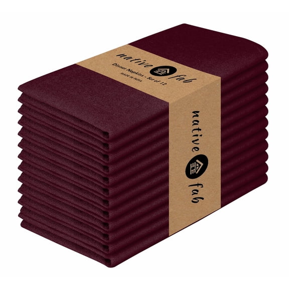 Native Fab Cloth Napkins, Set of 12, 17" x 17", 100% Cotton, Washable & Reusable Fabric Linen, Table Decor for Dinner, Events, Parties, Weddings – Burgundy