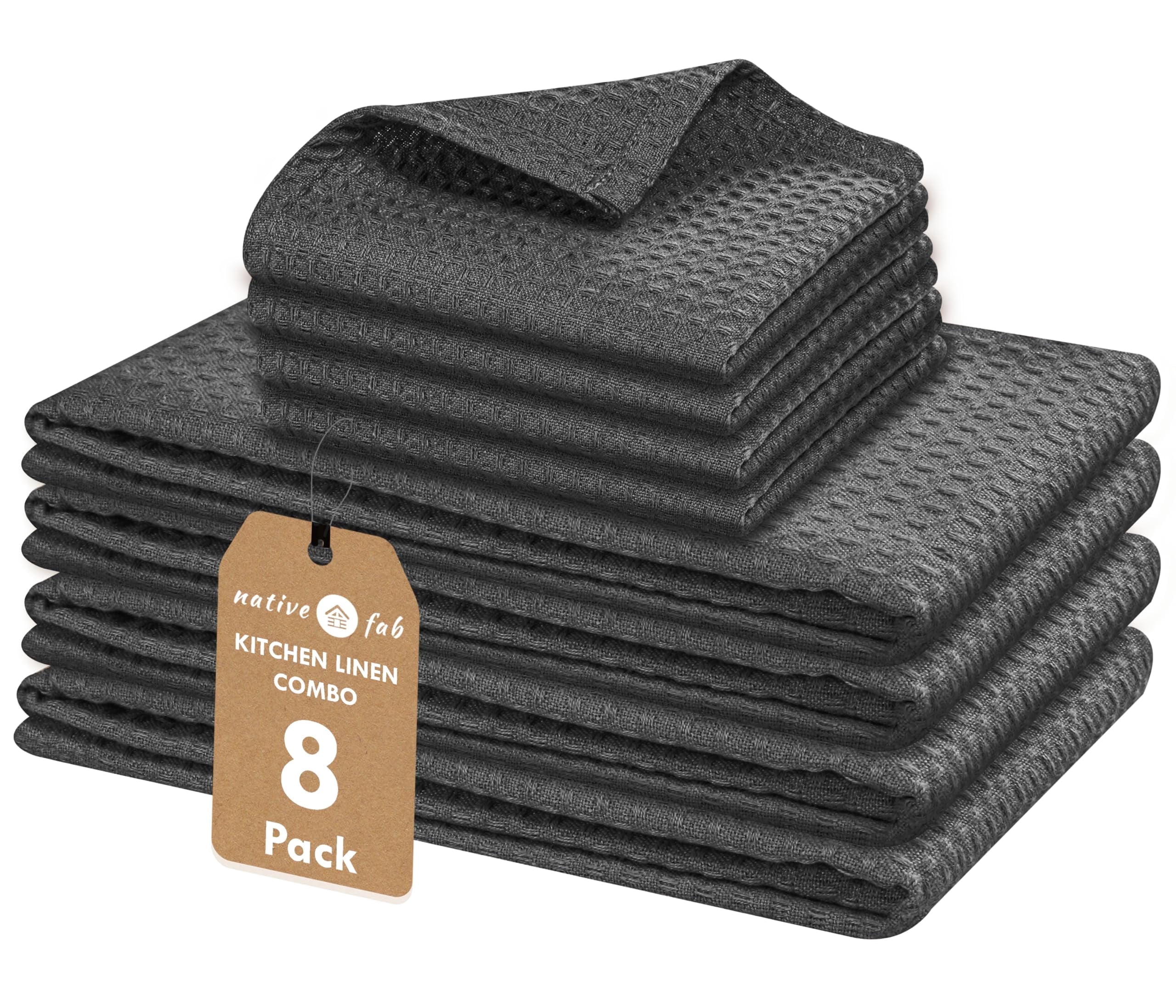Native Fab Cotton Dish Towel & Dishcloth Set - 8 Piece Pack for Cleaning, Cooking, Baking - Absorbent, Durable, Washable, Quick Drying Towels for Home, Kitchen, BBQ & Everyday Use - Gray