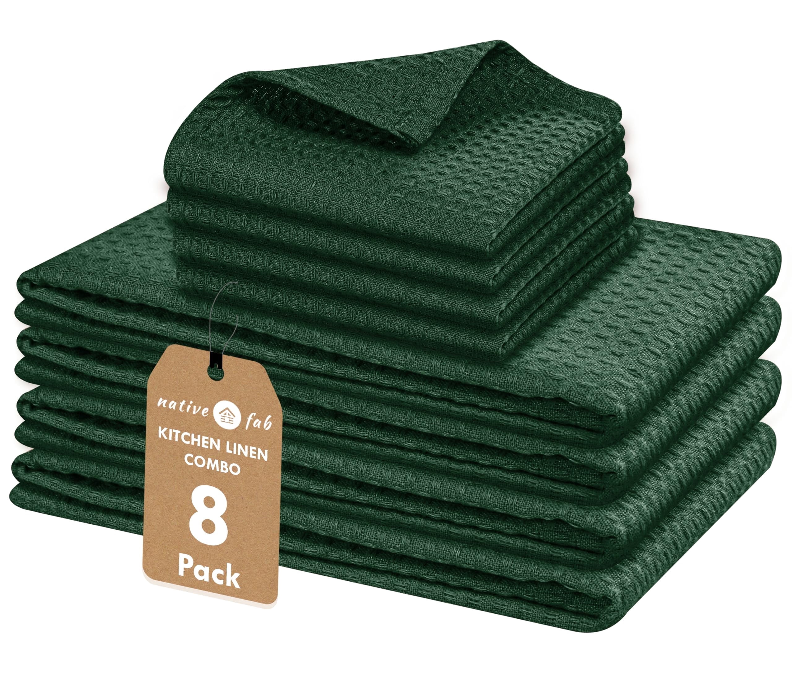 Native Fab Cotton Dish Towel & Dishcloths Set - 8 Piece, Soft, Absorbent, Fast Drying, Durable Towels for Cleaning, Baking, Cooking - Great for Home, Kitchen & Restaurant Use - Forest Green