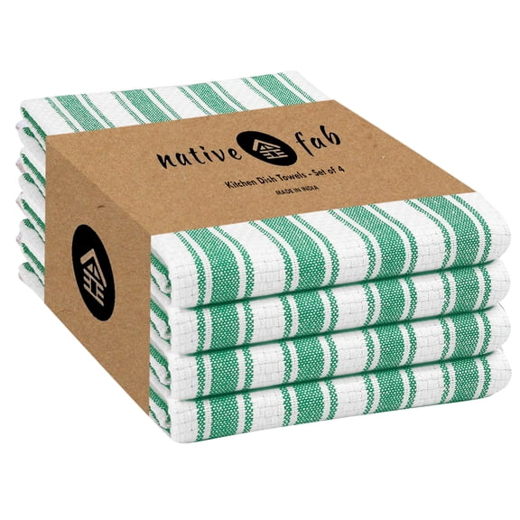 Native Fab Cotton Dish Towels 4 Pack, 16x26, Hanging Loop Tea Towels for Drying, Royal Green