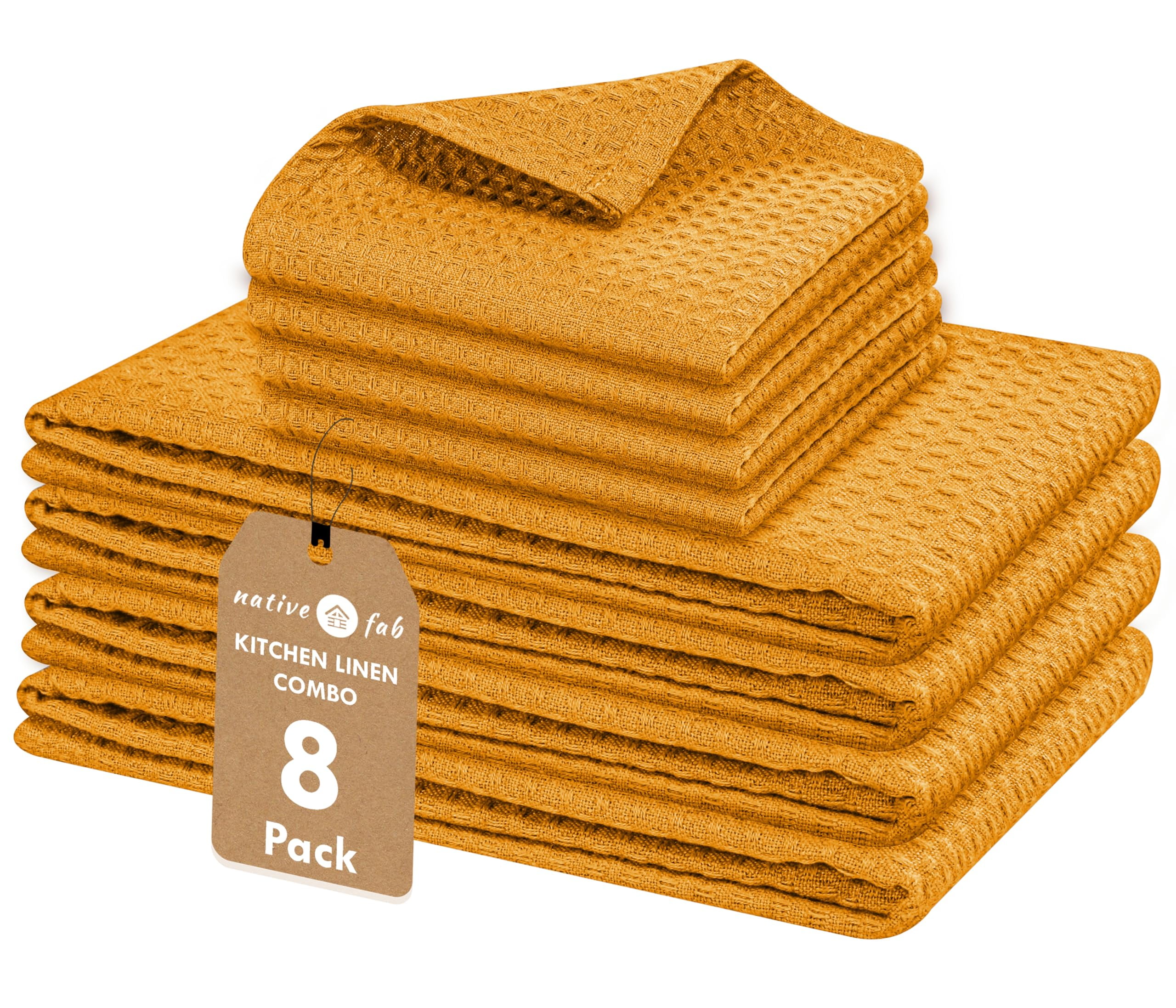 Native Fab Cotton Kitchen Towel & Dish Cloth 8 Piece Set - Machine Washable, Absorbent & Durable Towels for Cleaning, Cooking, Baking - Ideal for Home, BBQ, Everyday Use - Mustard Yellow