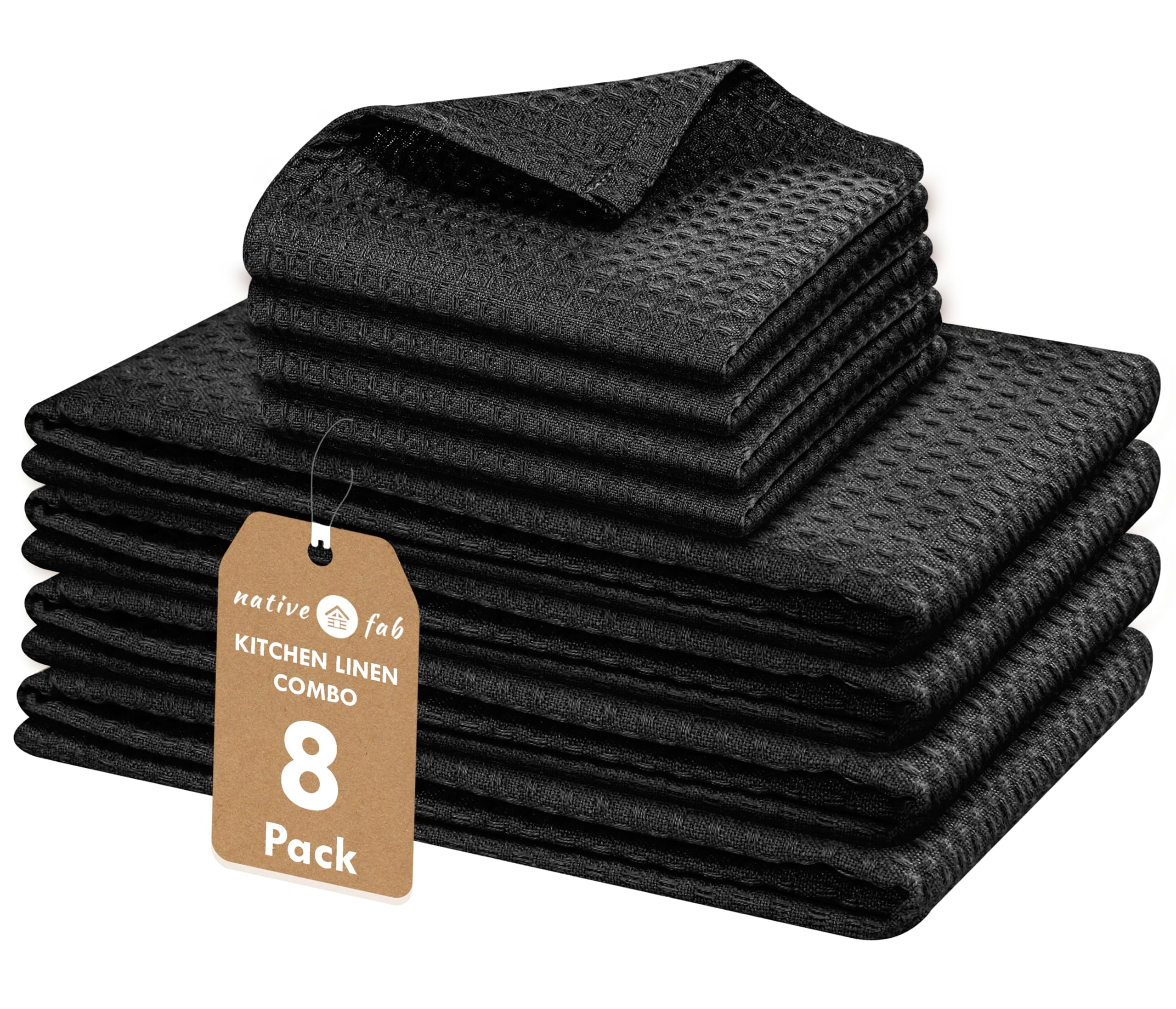 Native Fab Cotton Kitchen Towel & Dishcloths Set - 8 Pieces, Ultra Absorbent, Washable, Quick Drying, Durable Towels for Cooking, Cleaning, Baking - Ideal for Home, Restaurants, Cafes - Black