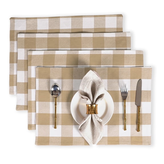 Native Fab Cotton Placemat 13x19 inches, Heat Resistant, Buffalo Plaid Place mats Set of 4, Decorative Reversible Check Pattern Placemats for Dining Decor, Kitchen, Beige White