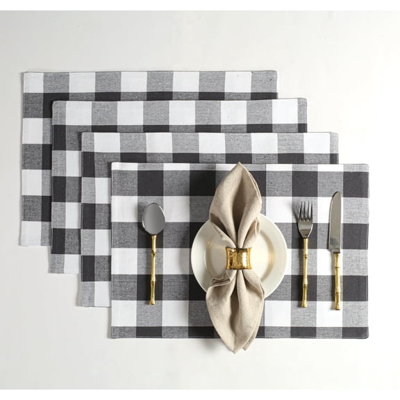 Native Fab Cotton Placemat 13x19 inches, Heat Resistant, Buffalo Plaid Placemats Set of 4, Decorative Reversible Check Pattern Placemats for Dining Decor, Kitchen, Grey White