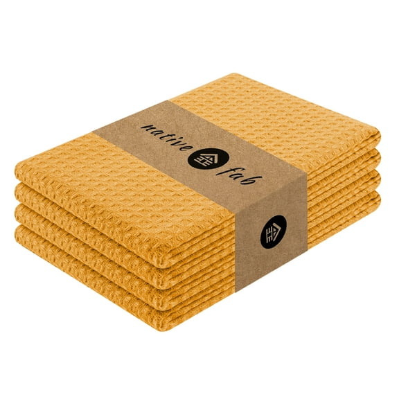 Native Fab Cotton Waffle Towels 16x26 - Kitchen Dish Towels Dishcloths Set of 4 - Mustard Yellow