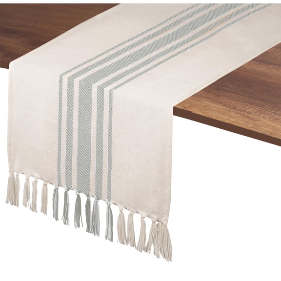 Native Fab Dining Stripe Table Runner with Tassels 100% Cotton, 14"x108", Ash Grey